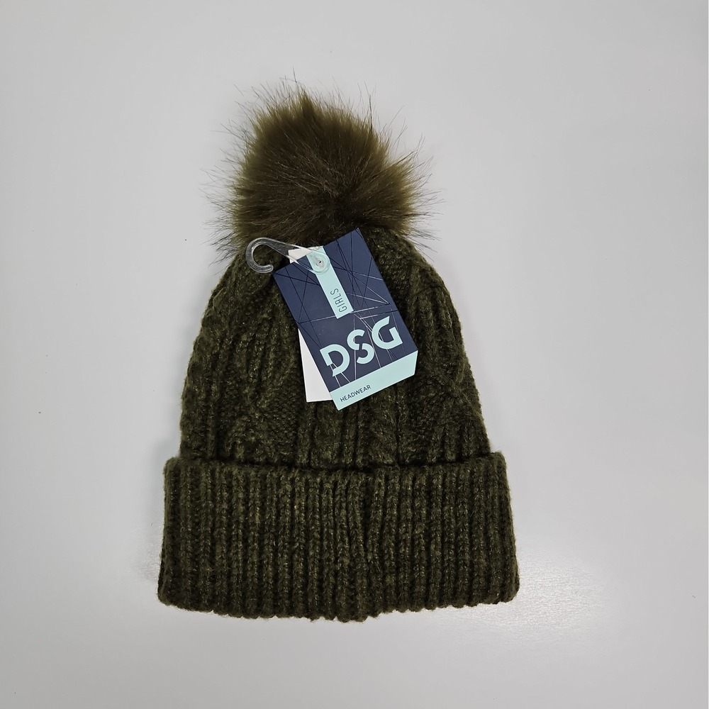 DSG Girls Olive Green Cable Knit Faux Fur Pom Beanie One Size NWT